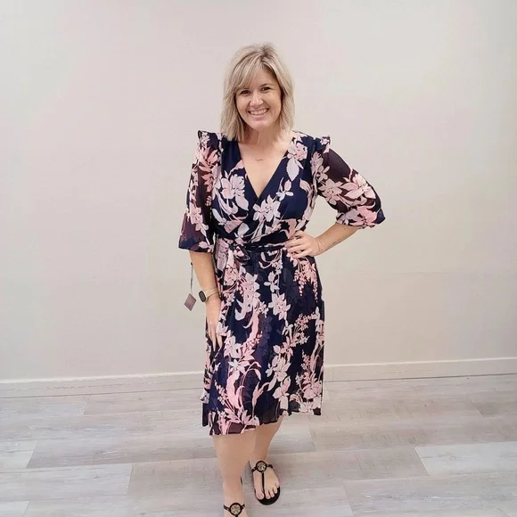 Tommy Hilfiger Navy Blue Floral Midi Dress - New - Size 12 - Picture 3 of 7